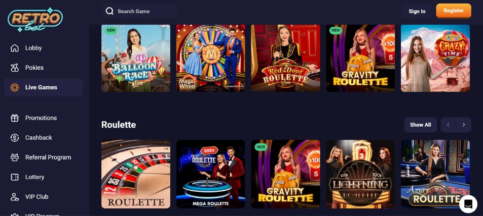 RetroBet Casino Live Dealer Games